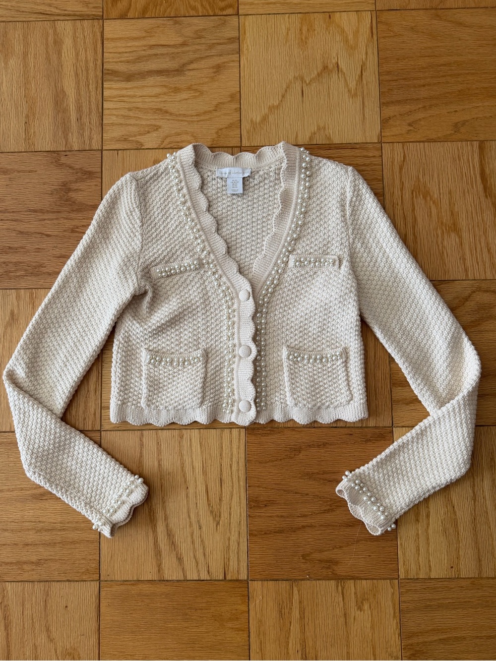 House of Harlow Beige Button Down Cardigan with Pearls